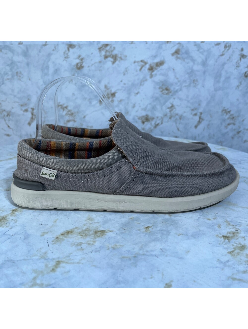 Sanuk Hangout Lite Mens Sz 8.5 Shoes Beige Canvas Slip On Comfort Casual Sneaker